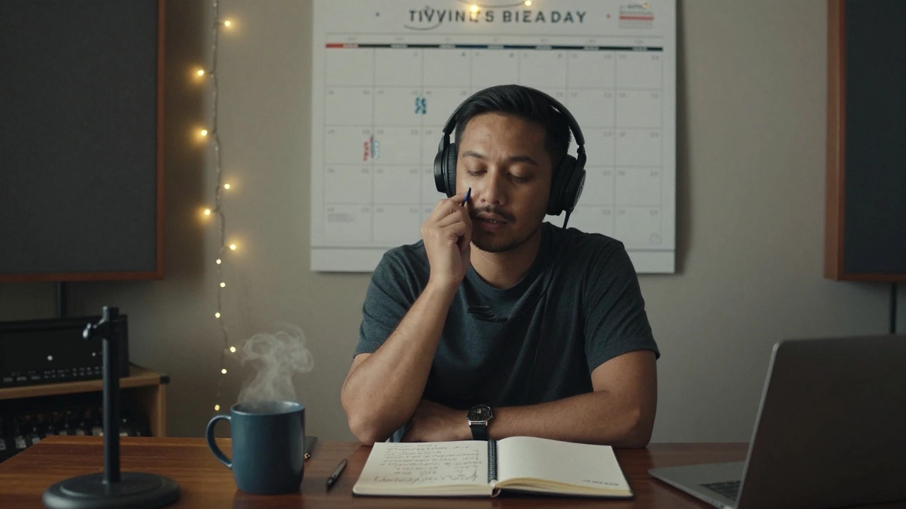 A creator records a nightly voice note for a subscriber, surrounded by personal mementos and a calendar of daily check-ins.