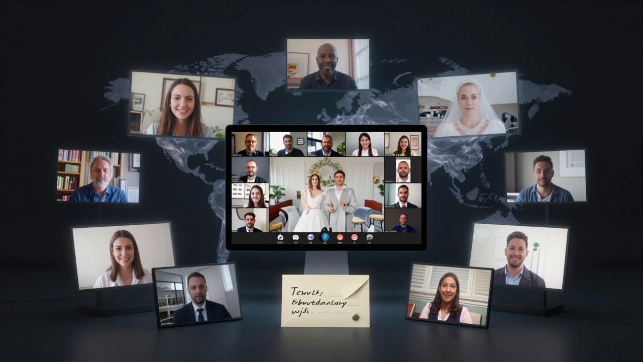 A digital collage of personalized messages and a virtual wedding, symbolizing deep emotional bonds formed online.