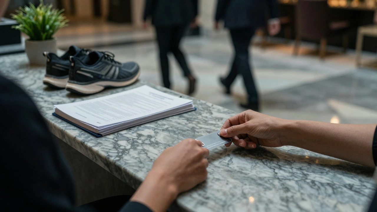 Hands placing a keycard on a hotel counter with client files, shoes, and a plant nearby.