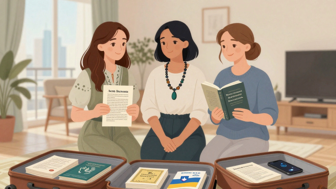 Three European women in a Dubai apartment holding personal items symbolizing their lives and origins.